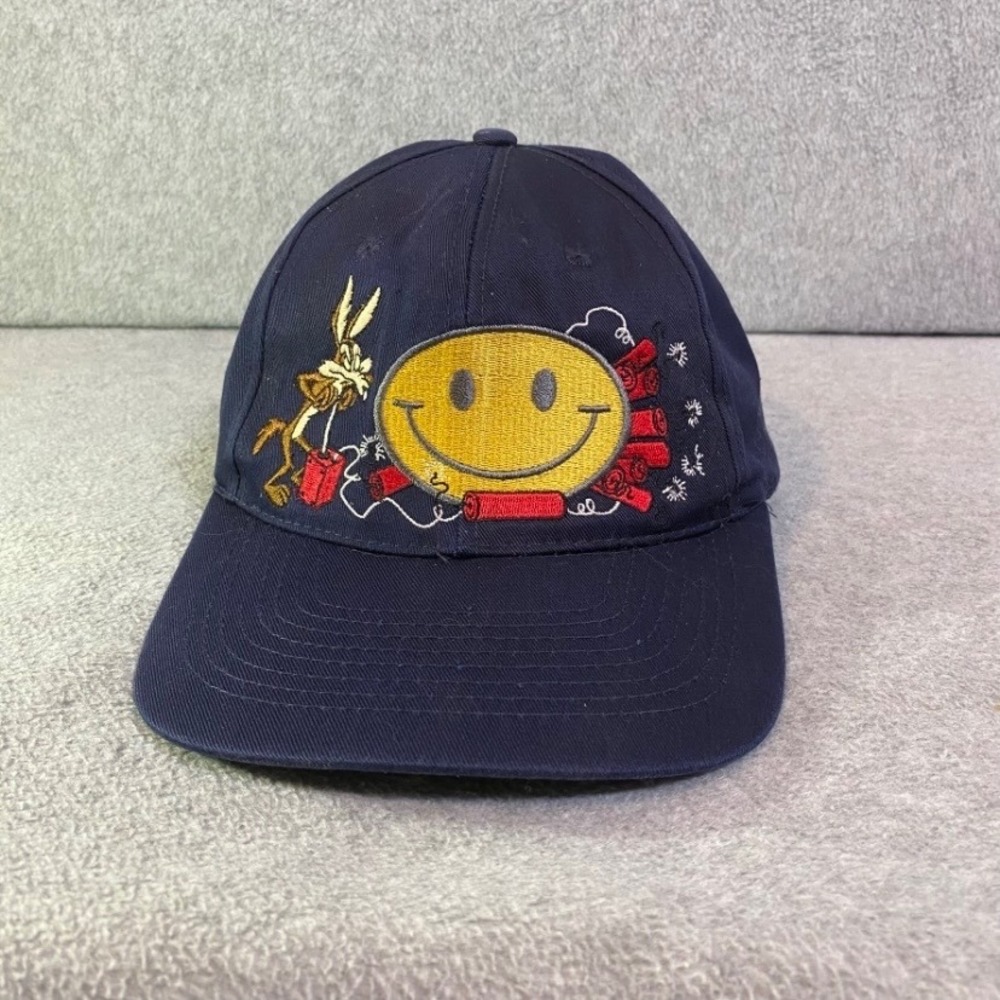 Vintage Six Flags Looney Tunes Hat Men's OSFA Navy Wile E Coyote Smiley 1997 EUC